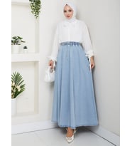 BELİ LASTİKLİ İPLİ KOT KLOŞ ETEK MAVİ