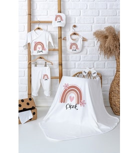 Pia Baby Premium Kişiye Özel Battaniye ve 5 Parça Zıbın Kız Bebek Hediyesi 5036-04 (Ekru)