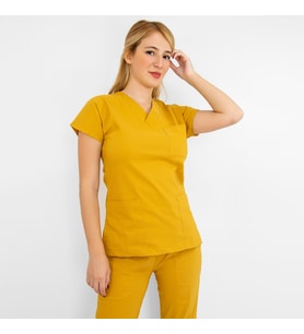 Unisex Hardal Sarısı Esnek Likralı Doktor Hemşire Hastane Cerrahi Scrubs Tek Üst Forma