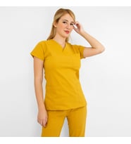 Unisex Hardal Sarısı Esnek Likralı Doktor Hemşire Hastane Cerrahi Scrubs Tek Üst Forma