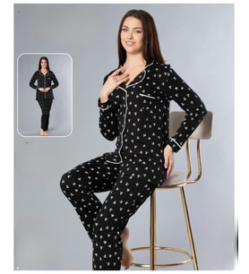Melodi Kadın Standart Kalıp %100 PAMUK Önden Düğmeli Uzun Kol Baharlık Pijama Takımı 16163- 1 Adet (Siyah)
