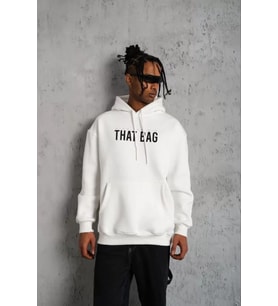 Erkek Kanguru Cep Baskılı Kapüşonlu Sweatshirt - Beyaz