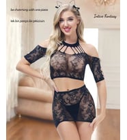 Intive Premium Limited Dekolteli Siyah Dantel Desenli Mini Crop Büstiyer Takım/Vücut Çorabı