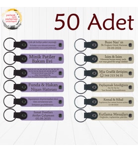 M Menekşe & S Kahve, 50’li Set, İsim Yazılabilen Deri Anahtarlık, Doğum Günü Partilerine Anlamlı Anı