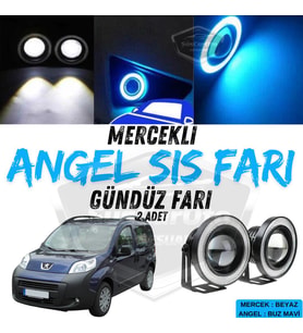 Peugeot Bipper 2008-2022 Uyumlu Mercekli Angel Sis Farı Metal 76 mm Buz Mavi Halkalı Gündüz Farı