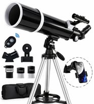80mm Astronomik Teleskop 600mm Odak  Kumandalı, 3x Barlow Lensli, Telefon Adaptörlü, Profesyonel Başlangıç & Yetişkin Gözlem Seti