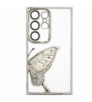 Coverzone Samsung Galaxy S24 Ultra ile Uyumlu 3D Kelebekli Sıvılı Simli Şeffaf Gümüş Çerceve LunaFlow Telefon Kılıfı Kamera Lens Korumalı Lüks Parlak Koruyucu Kapak
