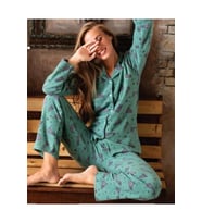 Sude Kadın Gömlek Önden Düğmeli Polar Desenli Pijama Takımı P200/353 - 1 Adet (Yeşil)