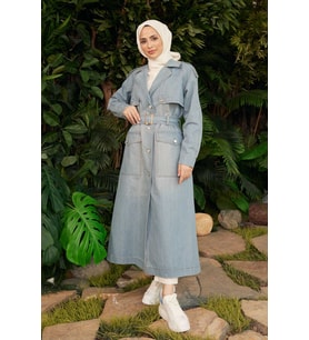 6625-Reglan kollu Trençkot Mavi