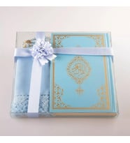 Şal + Tesbih + Kuran Hediye Seti (Hafız Boy, Standart Cilt, Açık Mavi)
