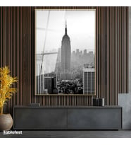 Altın Renk Metal Çerçeveli Tamperli Cam Tablo New York Gökdelenler ve Empire State Şehir Mimari Tablo Duvar Dekoru