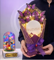Led Işıklı Aynalı Mor Kelebek Buketi Kişiye Özel Renkli Işıklı Fanus Hediyeli (Model 8)