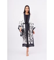 Peraluna BEACH GIRLS LONG KIMONO Baskılı Saten Kadın Uzun Kimono - Siyah/Beyaz