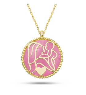 Gümüş Gold Pembe Sedef Taşlı Anne Çocuk Sevgisi Kolye
