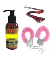 Fantezi Pembe Peluş Kelepçe+Kırmızı Kırbaç+Erotik Masaj Yağı