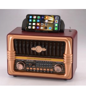 NS-8079 Büyük Boy Telefon Tutma Aparatlı Retro Ahşap Tasarım Bluetooth Hoparlörlü Radyo Fm/am