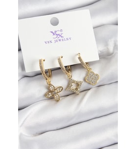Pirinç Zİrkon Taşlı Yonca Model Gold Renk 3'lü Kadın Küpe (Altın)