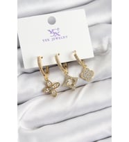 Pirinç Zİrkon Taşlı Yonca Model Gold Renk 3'lü Kadın Küpe (Altın)