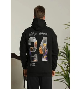 Erkek Baskılı Oversize Üç İplik Kapüşonlu Sweatshirt - Siyah