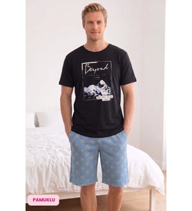 Seamlife Erkek Bisiklet Yaka Düğmesiz Pamuklu Yazlık Kısa Kol Cepli Şortlu Pijama Takımı