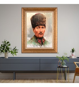Altın Varaklı Çerçeveli Paspartulu Atatürk Tablo nl02A99 (Gold)