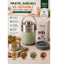 1.5 Lt 2'li Paslanmaz Çelik Sızdırmaz Termos Yemek Taşıma Kabı / Sefer Tası Beslenme Kutusu