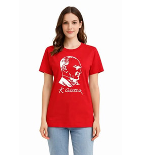 Atatürk Baskılı Tişört Kısa Kollu Bisiklet Yaka T-Shirt - Kırmızı
