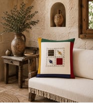 Naturel Meydaniye Yamalı, Patcwork Nakışlı Dekoratif Kırlent Kılıfı 40x40 cm