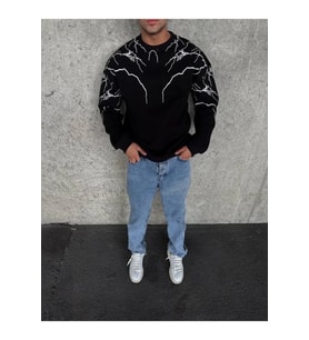 Yıldırım Baskılı Bisiklet Yaka SweatShirt - Siyah