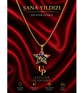 925 Ayar Gümüş İthal Zincirli Renkli Zirkon Taşlı Gold Yıldızlı Kolye 40-45cm Ayarlanabilir