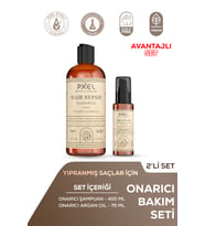 PXEL Onarıcı Şampuan – Argan Serum 2’li Set  Yıpranmış ve Kuru Saçlar İçin Yoğun Bakım  400 ML, 75 ML