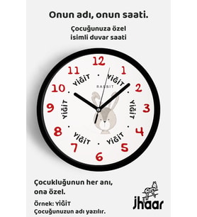 İsme Özel Sevimli Tavşan Çocuk Odası Duvar Saati Orta Boy 30 cm Siyah Camlı Sessiz