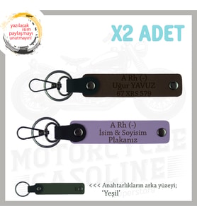 Motorcu Dostlar İçin İsim Plaka ve A Rh (-) Kan Grubu Yazılı x2' li Anahtarlık, Mor-K Kahve-Ysl