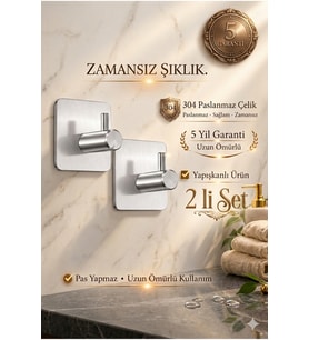 Premium Siyah 304 Paslanmaz Çelik Bornoz Askısı 2’li Set Güçlü Yapışkan 5 Yıl Garanti