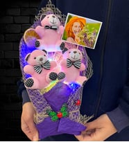 Renkli Led Işıklı Kişiye Özel Fotoğraflı Pembe Ayıcıklı Peluş Ayıcık Buketi (Model 2)
