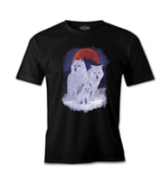 A Wolf Family in front of a Red Moon Scene Siyah Erkek Tshirt