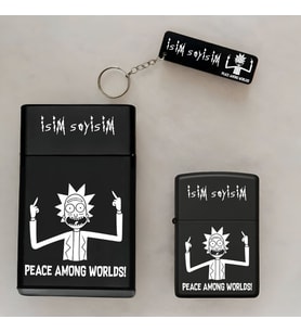 Rick and Morty Peace Desenli Kişiye Özel İsimli Çakmak,Metal Tabaka ve Anahtarlık Hediye Seti