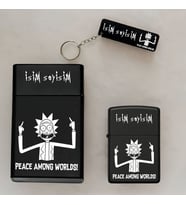 Rick and Morty Peace Desenli Kişiye Özel İsimli Çakmak,Metal Tabaka ve Anahtarlık Hediye Seti (Siyah)