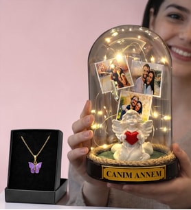 Anneler Günü Hediyesi Fotoğraflı Işıklı Melek Annem Fanus ve Kelebek Kolye