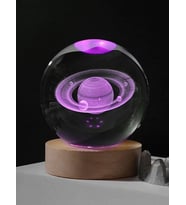 3D Satürn Kristal Küre Lamba – USB li LED Işıklı Ahşap Standlı Dekoratif Masa Lambası RGB Led