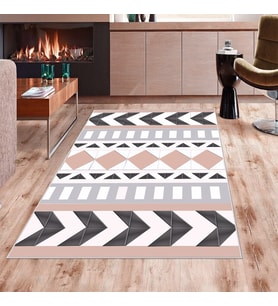 Karo Zigzag Renk Geçişli Etnik Yıkanabilir Kaymaz Taban Leke Tutmaz Modern Salon Halısı ve Yolluk (Beyaz)