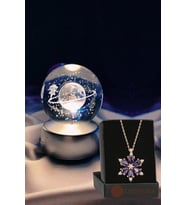 Satürn Temalı Işıklı 3D Led Işıklı Cam Küre ve Lotus Kamelya Çiçeği Kolye