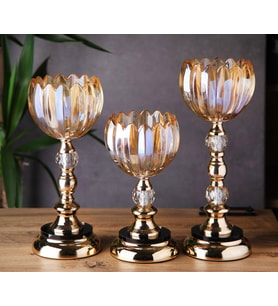 Ultra Lüks Kristal Taşlı Metal Ayaklı Gold Şamdan 3'lü Set Cam