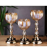 Ultra Lüks Kristal Taşlı Metal Ayaklı Gold Şamdan 3'lü Set Cam