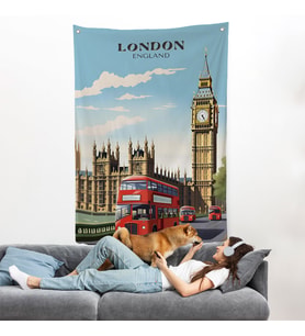 Londra Şehir Manzarası ve Kırmızı Otobüs Duvar Örtüsü-7712