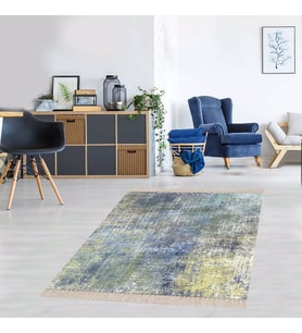 Batik Desenli Renk Geçişli Dijital Baskı Yıkanabilir Kaymaz Taban Salon Halısı ve Yolluk (Mavi)