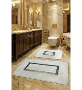 2'li Ultra Lüks Deri Detaylı Banyo Paspası Seti Beyaz-Gold 60x100 cm ve 50x60 cm