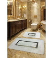 2'li Ultra Lüks Deri Detaylı Banyo Paspası Seti Beyaz-Gold 60x100 cm ve 50x60 cm