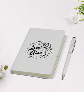 BK Gift Kişiye Özel İsimli 9x14cm Beyaz Defter ve Kalem Hediye Seti - Model 6