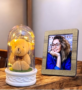 Sizlere Özel Fotoğraflı Led Işıklı Peluş Ayıcıklı Fanus  Sevgiliye Hediye  Doğum Günü Hediyesi